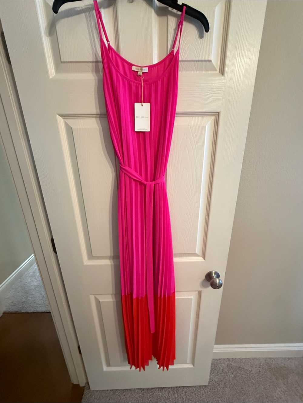 Skies Are Blue Hot Pink Pleated Spaghetti Strap Dress